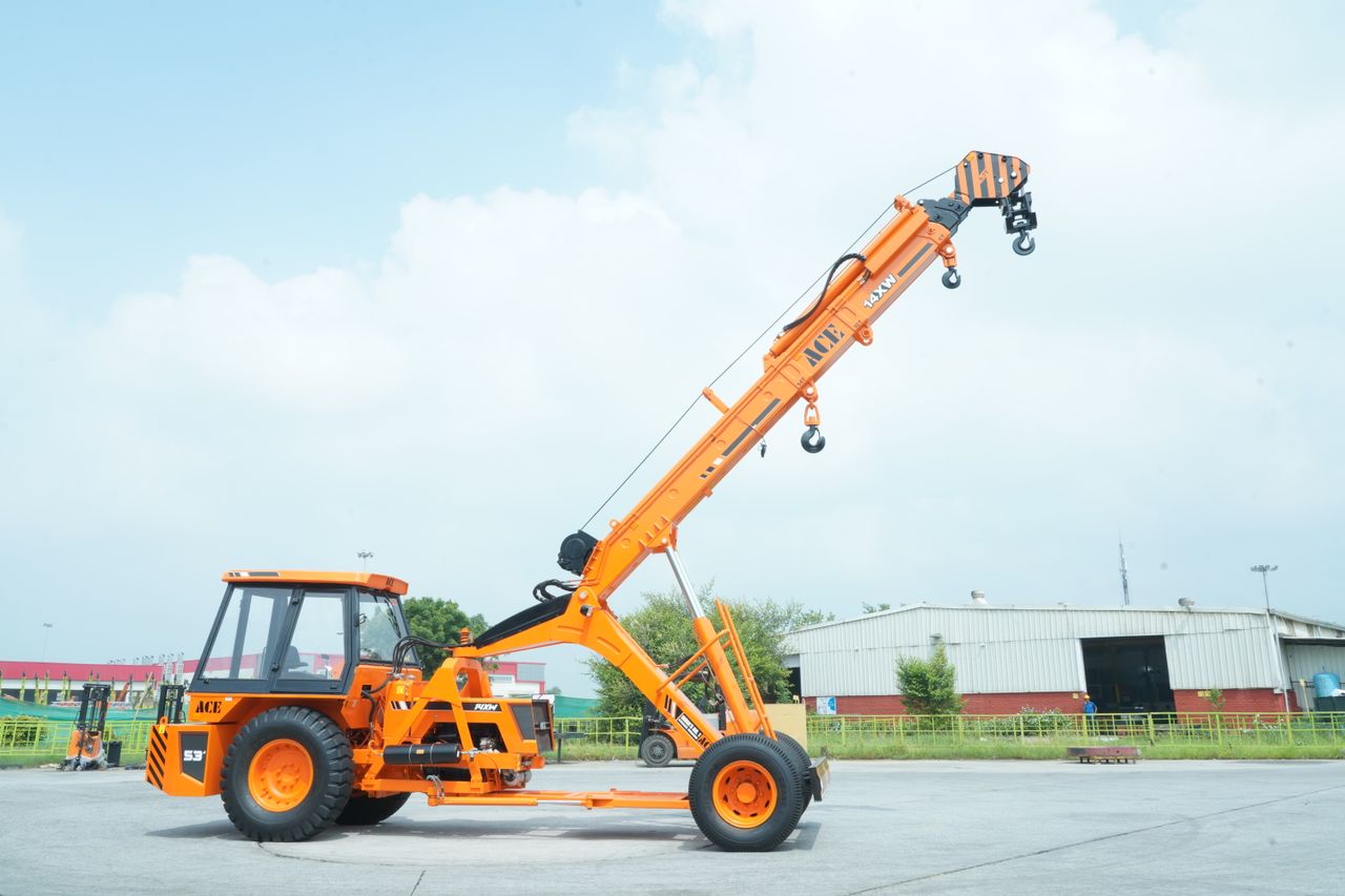 services-01 ACE Hydra crane standing in an outdoor industrial yard in Faridabad, India.